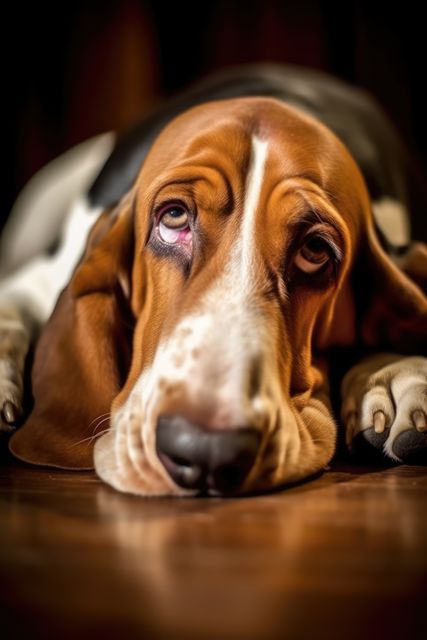 Ideal for use in social media posts, blogs, and articles about pets, emotions in animals, or the Basset Hound breed. Useful for conveying themes of loneliness, tiredness, or emotions in dogs.
