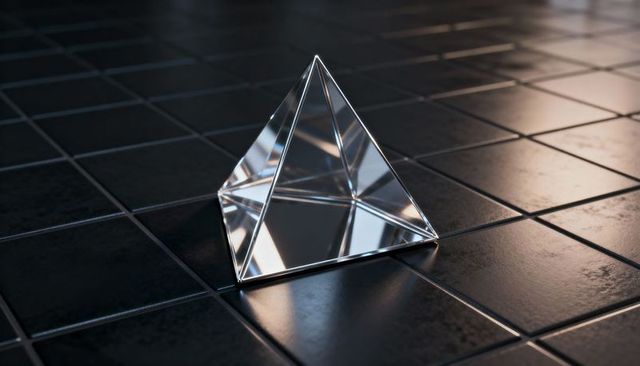 Glass tetrahedron prism reflecting warm highlights on dark matte tile grid