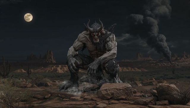 Fierce Demonic Creature Under Moonlit Desert Sky