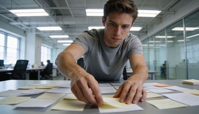 Focused young man organizing sticky notes on desk for project planning and agile workflow