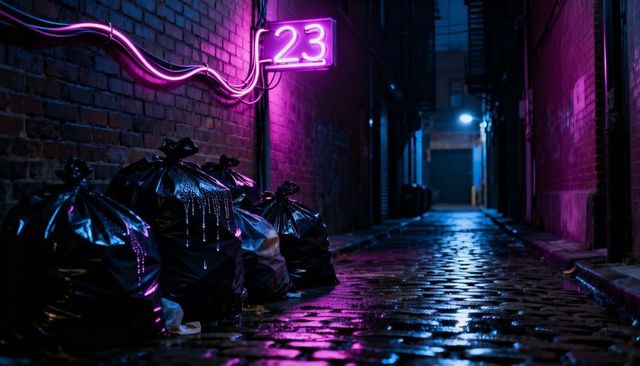 Neon 23 sign glowing over glistening trash bags on wet cobblestone alley at night