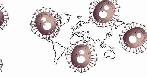 Virus cells hovering above simplistic world map