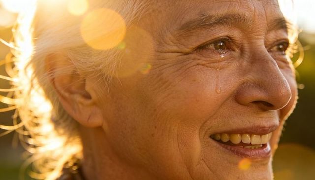 Senior woman smiling with tear in golden hour sunlight, rim-lit hair and lens flare