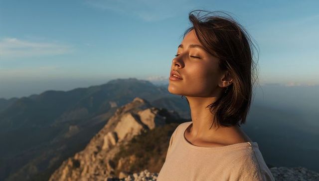 Standing Asian woman soaking golden-hour sunlight on rocky mountain ridge, eyes closed