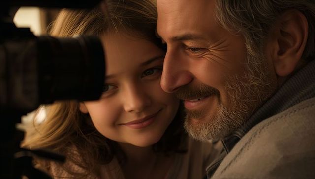 Father and daughter smiling while looking through camera lens, warm family bonding