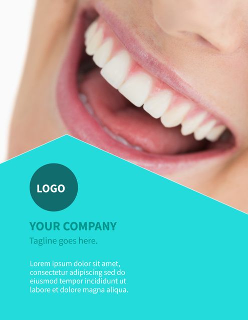 This image features a close-up of a person smiling with bright and healthy teeth, surrounded by a vibrant design element with space for a company logo and tagline. It is perfect for promoting dental services, dental clinics, oral hygiene products, or any health-related business. It can also be used in advertisements, brochures, websites, social media posts, and other marketing materials to highlight the benefits of dental care and the happiness that comes with a healthy smile.