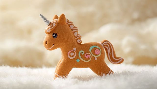 Gingerbread unicorn plush standing on fluffy cream fur with silver horn and pastel icing