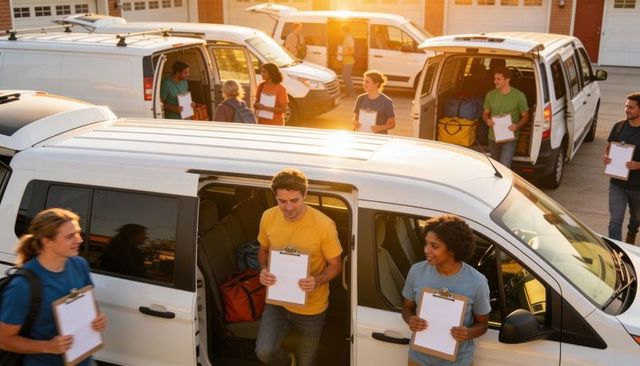 Volunteer team unloading and organizing relief vans during sunrise logistics operation