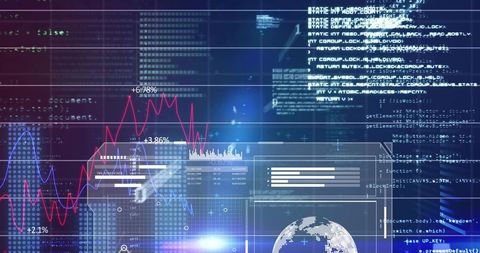 Displaying futuristic digital analytics dashboard with neon charts, code overlay and globe