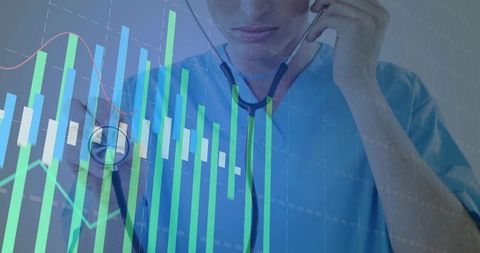 Male Doctor Holding Stethoscope and Analyzing Healthcare Data with Financial Charts