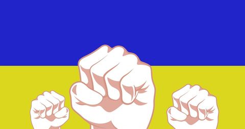 Illustration shows fists raised against Ukraine flag background, symbolizing unity and resistance. Perfect for materials related to support, national pride, activism, and international politics. Use in articles, online campaigns, or educational content promoting a message of solidarity and resilience.