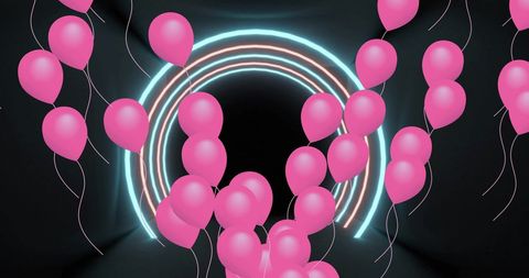 Pink balloons in neon arch celebration scene