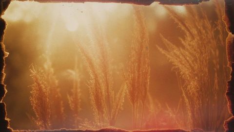 Shimmering backlit meadow grasses glowing in golden hour with film burn light leaks