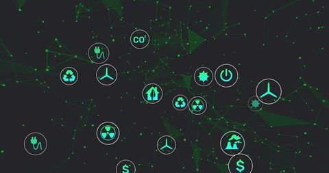Green energy network concept displaying connected renewable icons over digital mesh
