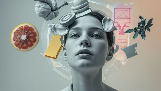 Surreal mixed media portrait with floating fruit and objects