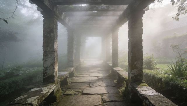 Misty stone pergola walkway stretching into foggy garden light with mossy columns