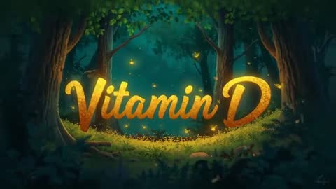 Glowing Vitamin D Text Illuminating Magical Forest Clearing with Fireflies Rising
