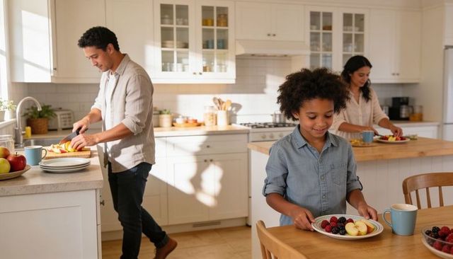 Sunlit family morning preparing healthy fruit breakfast in modern white kitchen and island