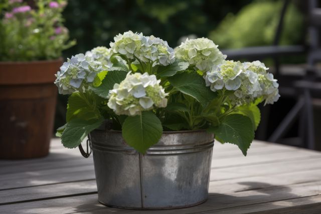 White hydrangeas sit in a rustic metal bucket placed on a wooden table in a sunny garden. Ideal for illustrating springtime gardening, nature themes, outdoor decor, freshness, and leisurely garden settings.