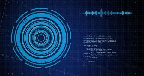 Futuristic HUD Interface with Audio Waveform and Code