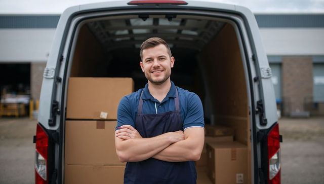 Confident delivery driver standing with arms crossed at cargo van loaded with boxes