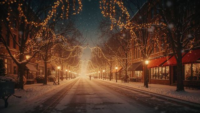 Cozy Winter Street Decorated with Festive Lights