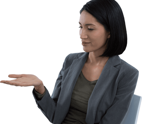 Businesswoman Pretending Holding Transparent Object in Grey Suit - Download Free Stock Videos Pikwizard.com