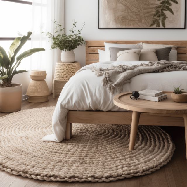 Beige round rug on floor in bedroom, created using generative ai technology. House interior design, decorations and textile concept digitally generated image.