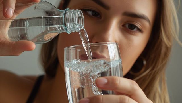 Young woman pouring sparkling water into glass closeup healthy hydration and refreshment