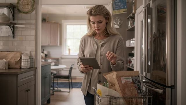 Woman checking groceries on tablet in modern neutral farmhouse kitchen holding paper bags