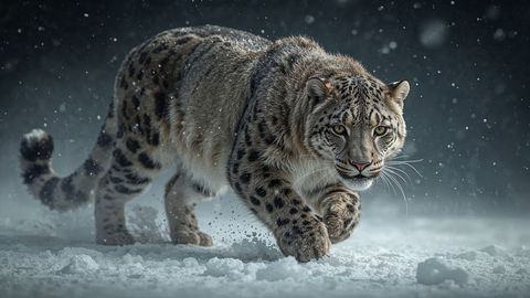 Snow Leopard Prowling Through Snowy Mountain Taiga Terrain