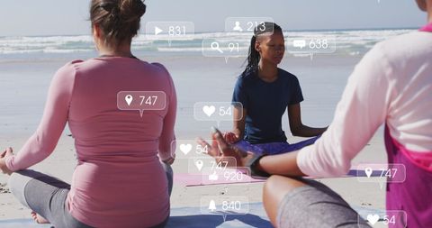 Women Practicing Outdoor Yoga with Social Media Overlays