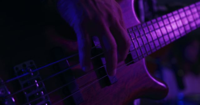 Close-up of Electric Bass Guitar Being Played in Low Light - Download Free Stock Images Pikwizard.com