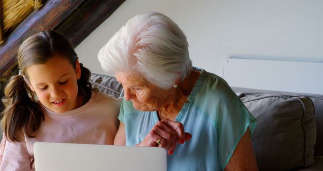 Front view of Old Caucasian grandmother and granddaughter using laptop in a comfortable home. They are talking with each other 4k