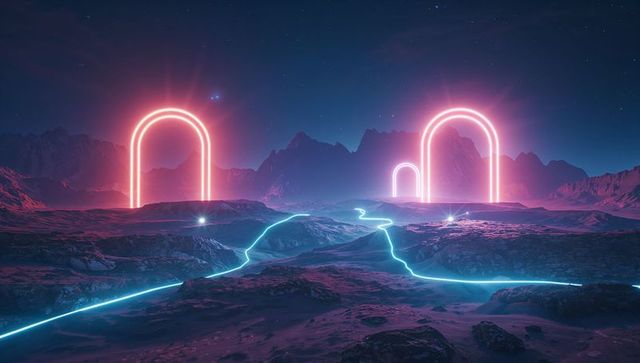 Futuristic neon archway. Alien landscape illuminated with pink glow