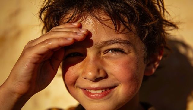 Sunlit smiling boy shading eyes with hand during golden hour, candid outdoor portrait