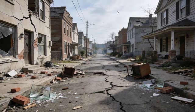 Cracked main street in abandoned small town with scattered debris and broken windows