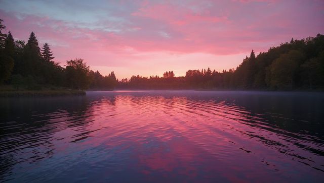 Tranquil Lake Mirroring Vibrant Sunset Skies Over Serene Forest