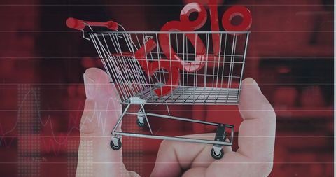 Digital Hand Holding Micro Shopping Cart with Fifty Percent Symbol - Download Free Stock Images Pikwizard.com