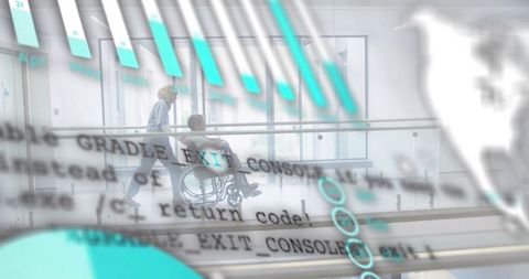 Caregiver pushing senior in wheelchair in modern clinic hall with digital health overlay