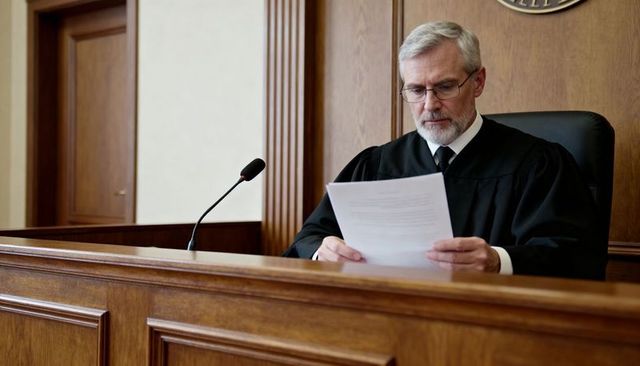 Senior judge reading court documents behind wooden bench in formal courtroom
