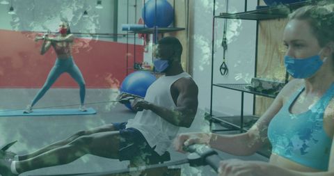 Masked Fitness: Exercising in Gym with Floating Virus Overlay - Download Free Stock Images Pikwizard.com