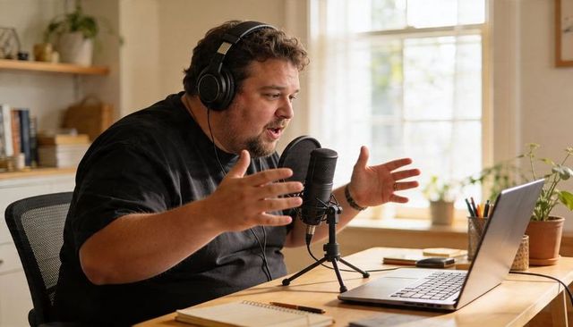 Male creator podcasting from home studio speaking into microphone with laptop