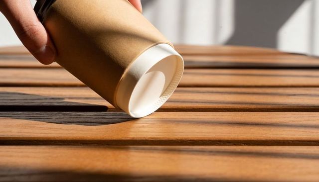 Hand holding kraft paper to-go coffee cup on sunlit wooden table with dramatic stripe shadows