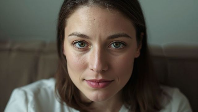 Intimate closeup portrait of young woman gazing into camera on sofa, natural light