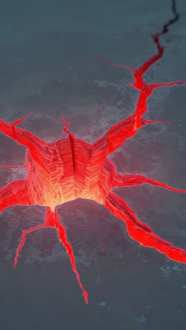 Vertical video of glowing red fissure opening on gray ground, revealing spreading jagged cracks