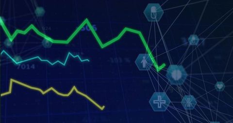 Digital analytics dashboard with trend lines and icons