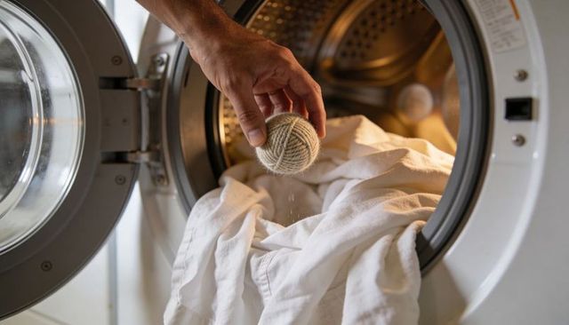 Hand placing wool dryer ball into front-load dryer with white linens and lint falling
