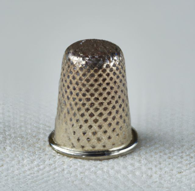 Image of close up of silver thimble on grey patterned fabric background. Clothing, sewing and tailoring concept.