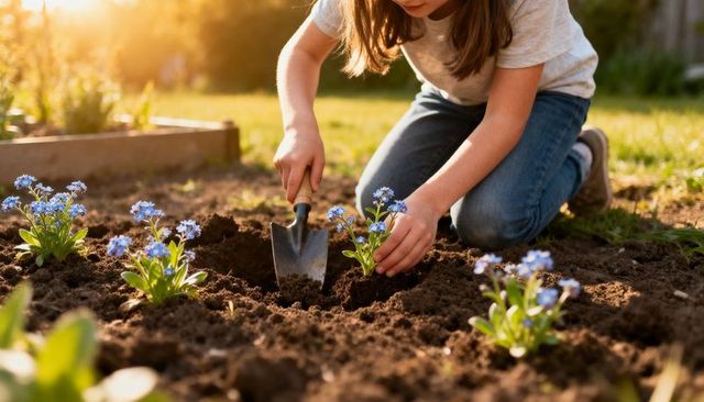 Child planting small blue flowers in sunlit backyard garden, kneeling with hand trowel